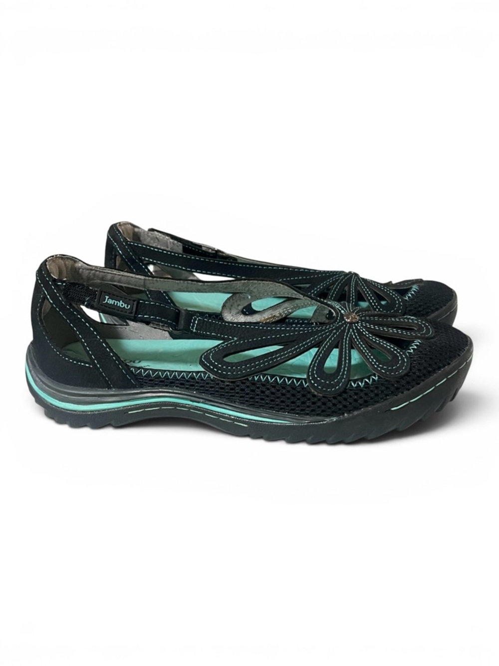 NWOT Jambu J Sport Daisy Toe Flats,  Women's Black & Teal Floral Cutout 10M - Picture 4 of 13